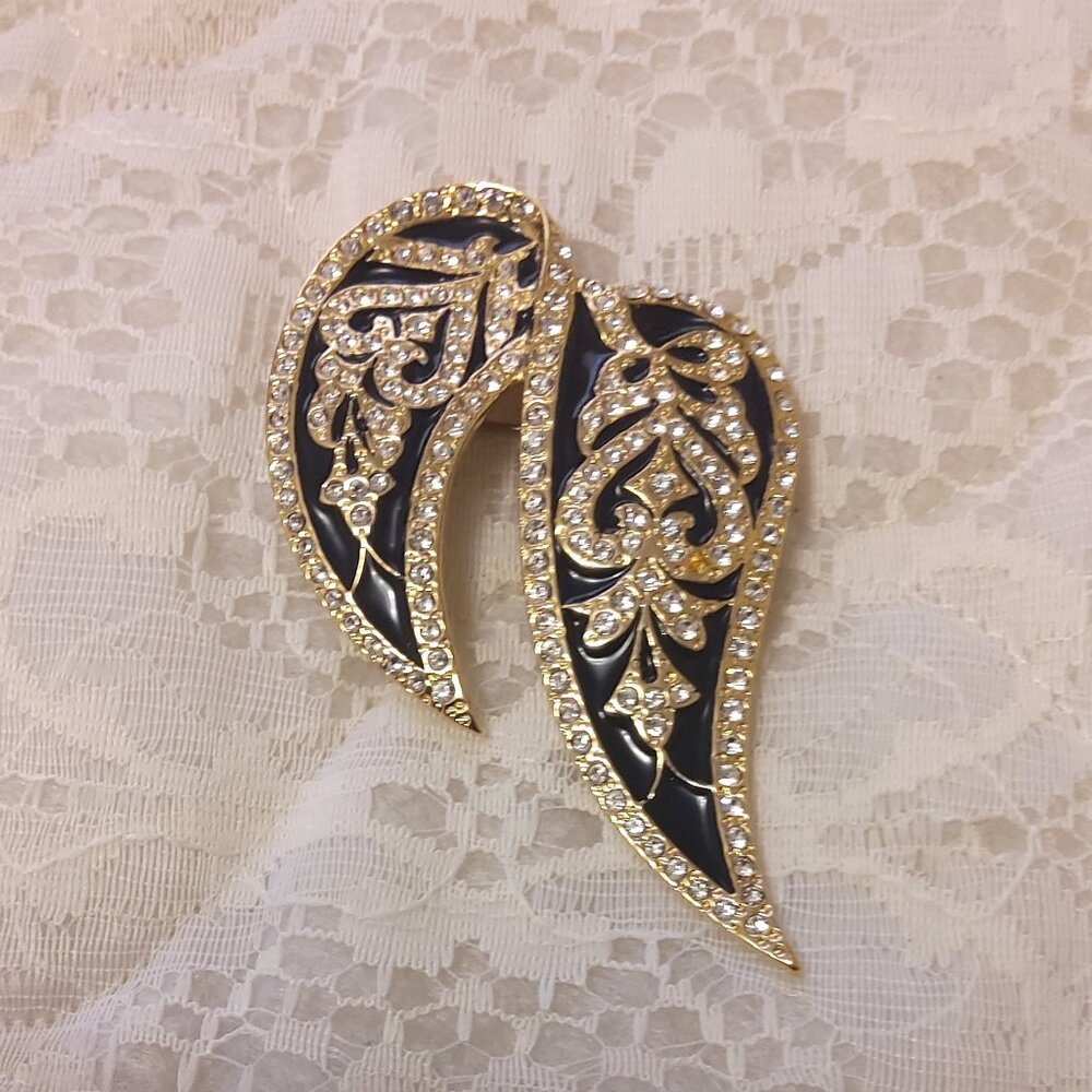 Vintage Butler Clear Rhinestone Gold Plated Leaves Metal Brooch Art Deco Jewelry
